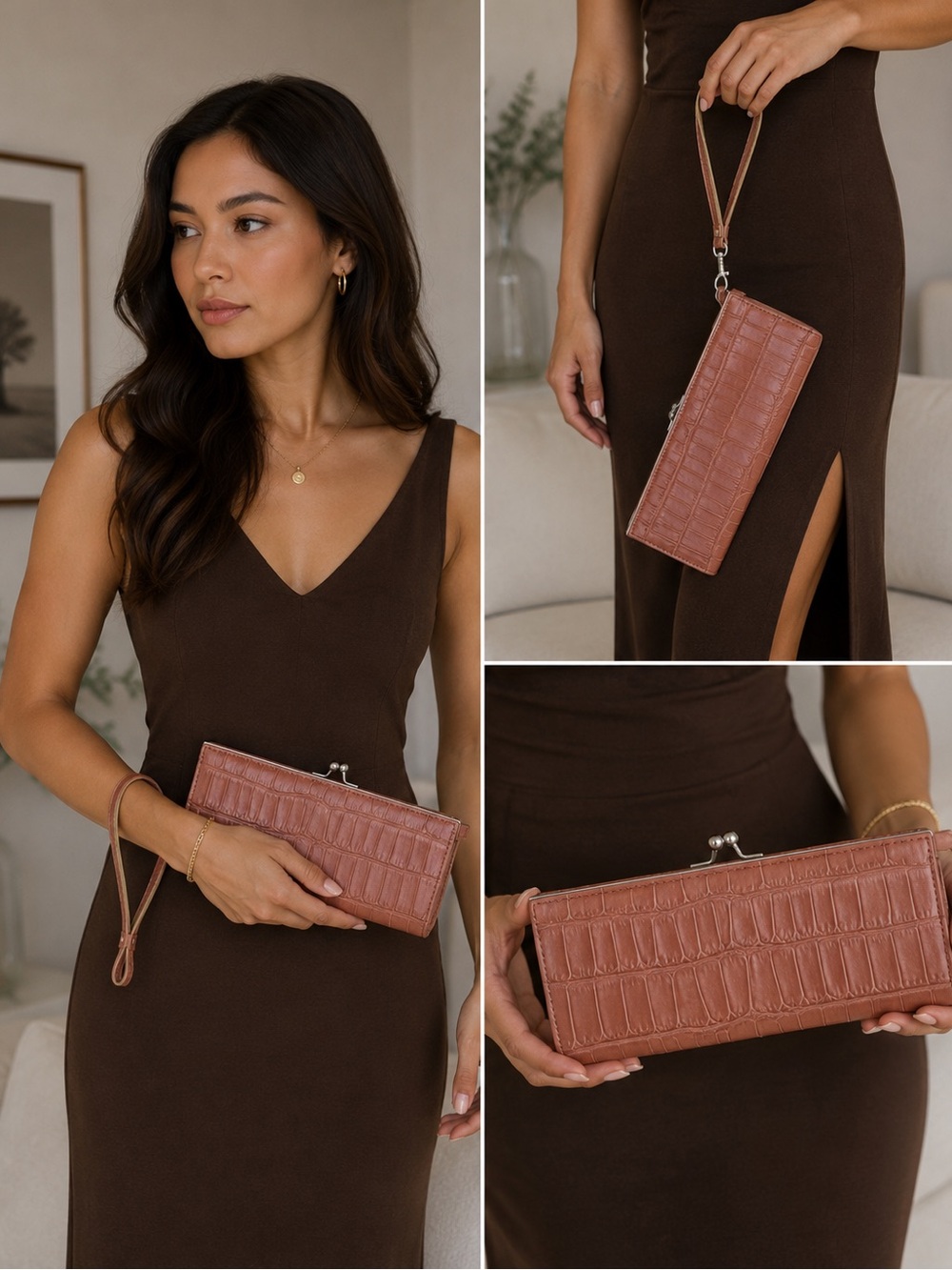 Holt Renfrew Dusty Rose Crocodile-Embossed Leather Kisslock Wristlet